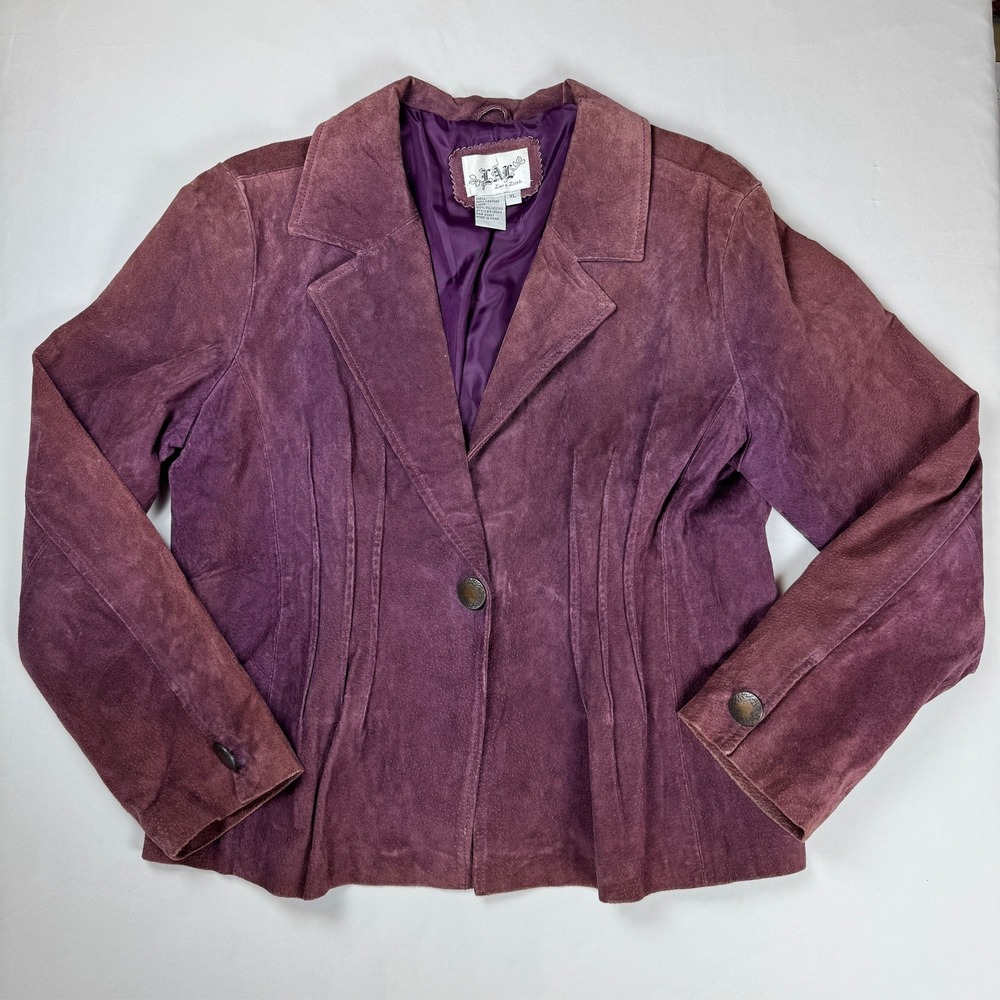 Live a Little Purple Suede Leather Blazer Jacket Single Button Pintuck XL VTG